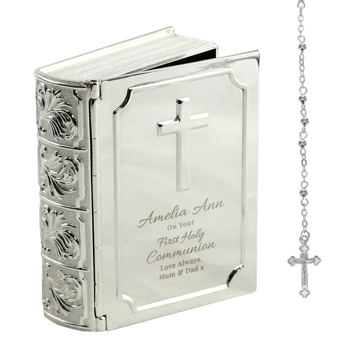 Buy Personalised First Holy Communion Bible Trinket Box with Rosary Beads available now at www.giftsfinder.co.uk