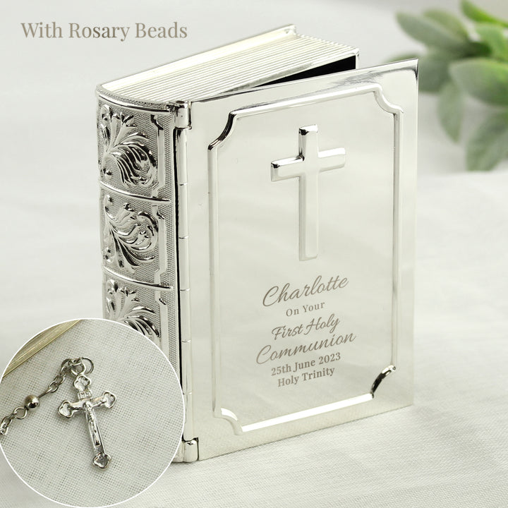 Buy Personalised First Holy Communion Bible Trinket Box with Rosary Beads available now at www.giftsfinder.co.uk