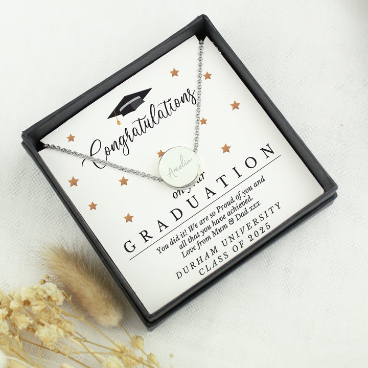 Buy Personalised Graduation Sentiment Silver Tone Necklace and Box available now at www.giftsfinder.co.uk