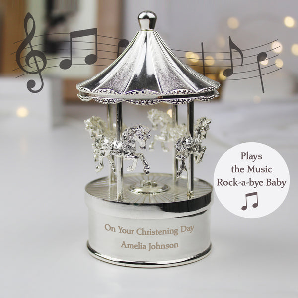 Personalised Silver Musical "Rock-a-Bye Baby" Carousel Ornament For Babies & Young Children