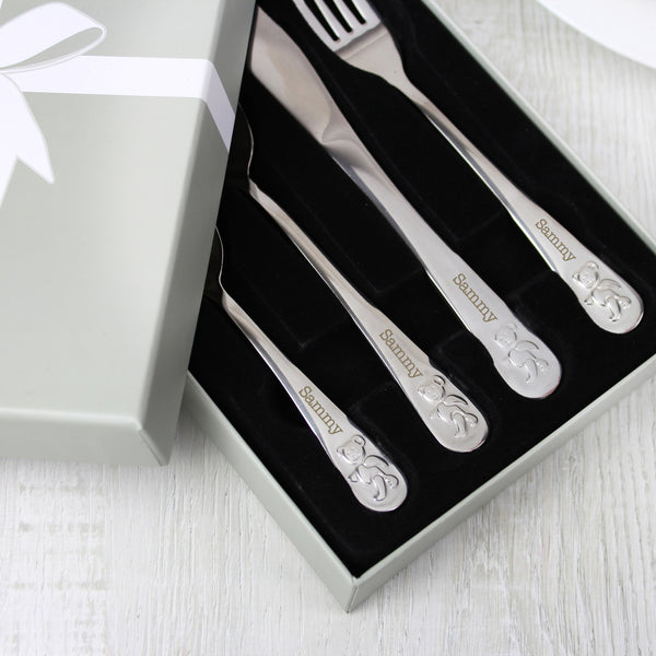 Personalised Teddy 4 Piece Embossed Cutlery Set in gift category Personalised Children's Cutlery Sets