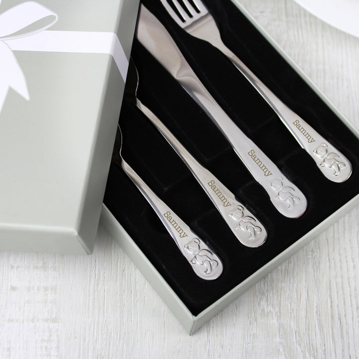 Personalised Teddy 4 Piece Embossed Cutlery Set - part of the Gifts Finder Personalised Children's Cutlery Sets collection