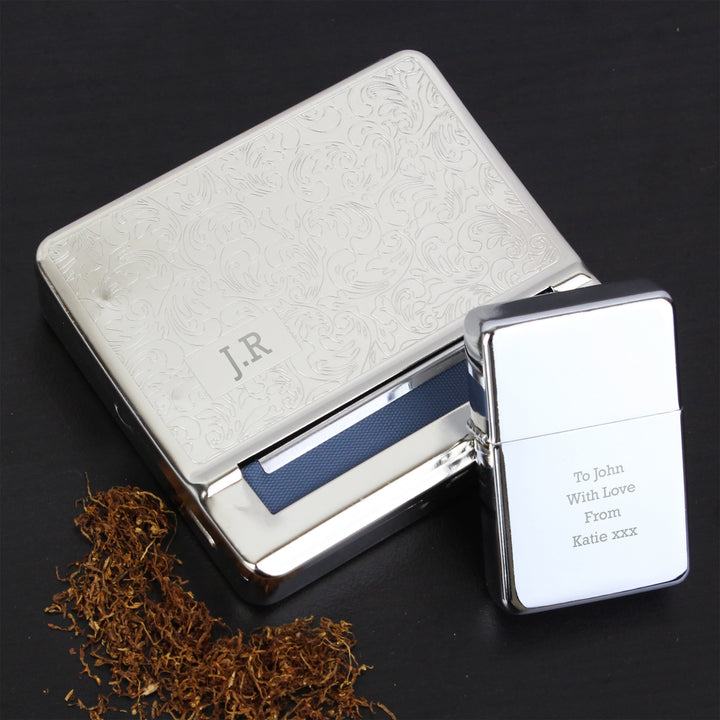 Buy Personalised Tobacco Rolling Tin and Silver Lighter Set at www.giftsfinder.co.uk