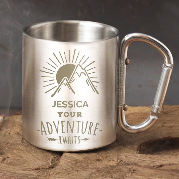 Buy Personalised 'Adventure Awaits' Stainless Steel Mug at www.giftsfinder.co.uk