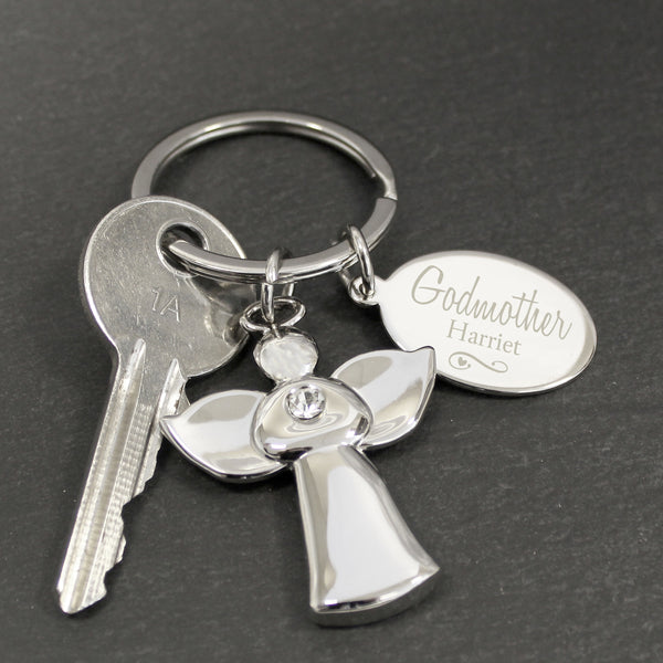 Buy Personalised Silver Plated Swirls & Hearts Godmother Angel Keyring at www.giftsfinder.co.uk