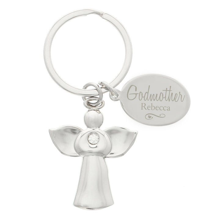 Personalised Silver Plated Swirls & Hearts Godmother Angel Keyring - part of the Gifts Finder Personalised Keyrings collection