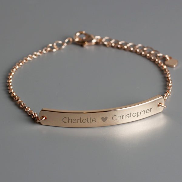 Buy Personalised Rose Gold Tone Heart Bar Bracelet at www.giftsfinder.co.uk