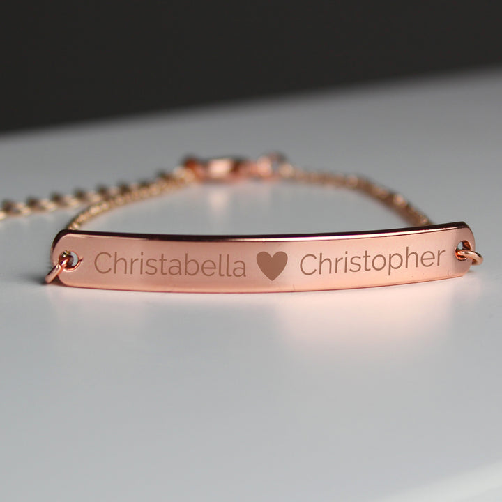 Buy Personalised Rose Gold Tone Heart Bar Bracelet at www.giftsfinder.co.uk