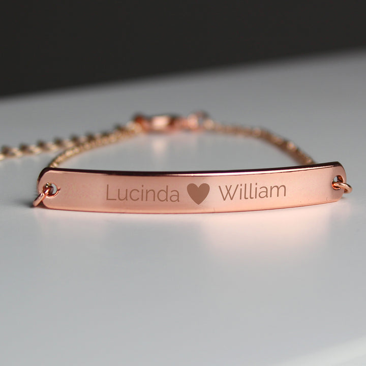 Buy Personalised Rose Gold Tone Heart Bar Bracelet at www.giftsfinder.co.uk