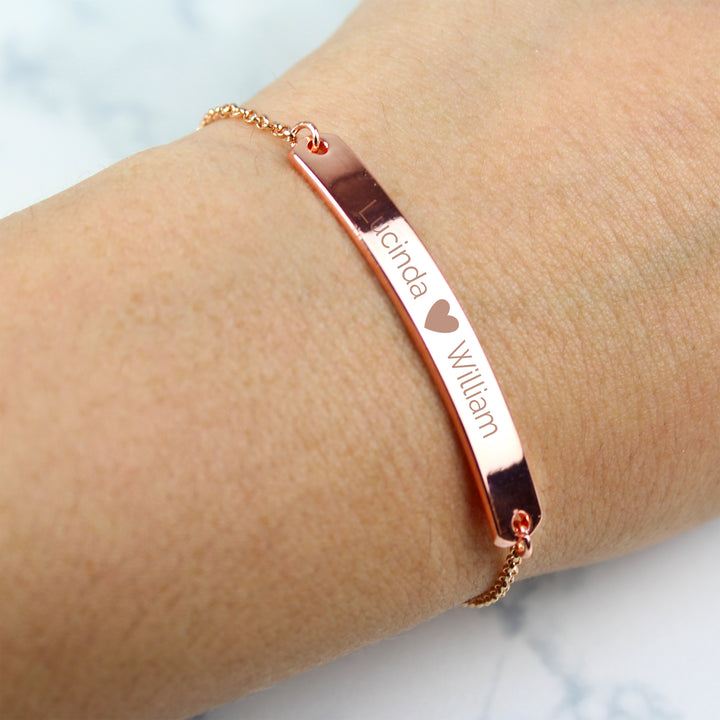 Buy Personalised Rose Gold Tone Heart Bar Bracelet at www.giftsfinder.co.uk