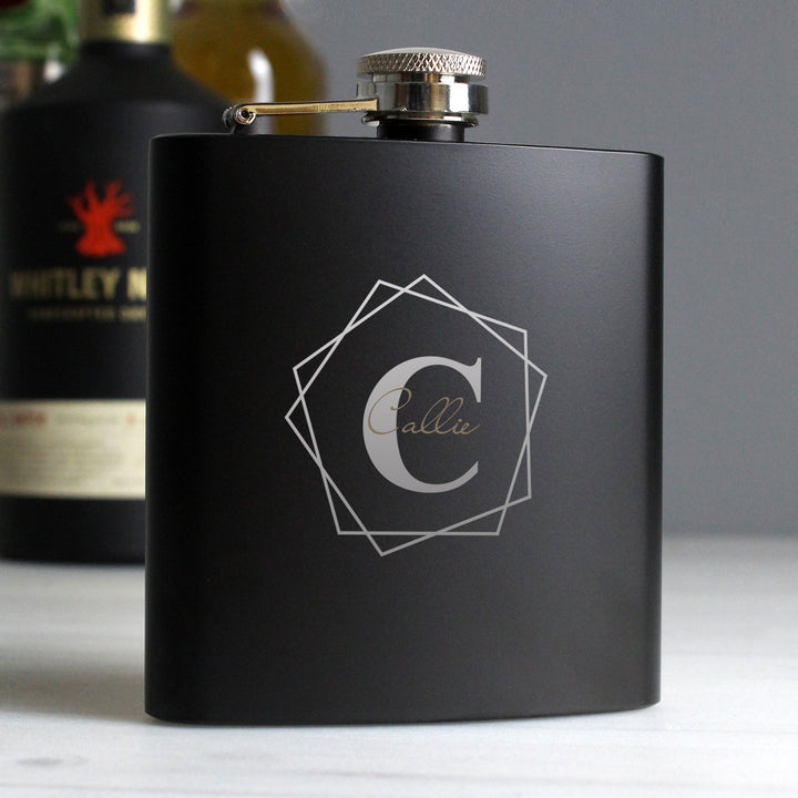 Buy Personalised Geometric Initial Black Hip Flask at www.giftsfinder.co.uk