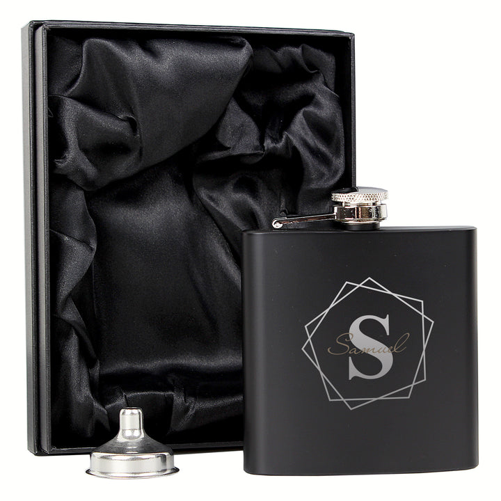 Buy Personalised Geometric Initial Black Hip Flask at www.giftsfinder.co.uk