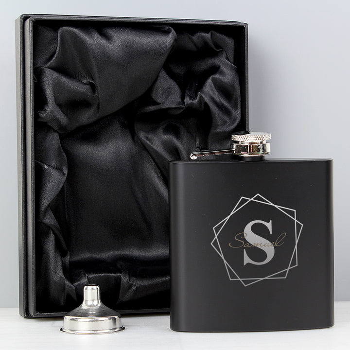 Buy Personalised Geometric Initial Black Hip Flask at www.giftsfinder.co.uk