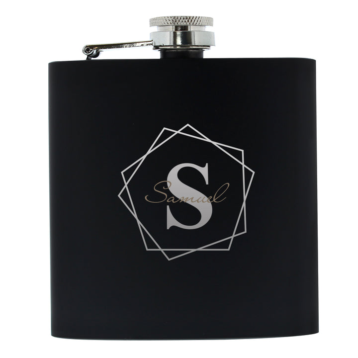 Buy Personalised Geometric Initial Black Hip Flask at www.giftsfinder.co.uk