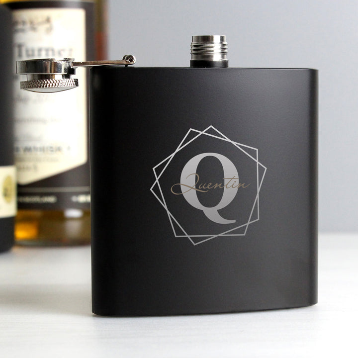 Buy Personalised Geometric Initial Black Hip Flask at www.giftsfinder.co.uk