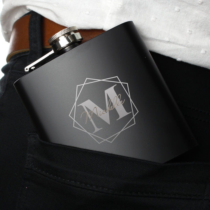 Buy Personalised Geometric Initial Black Hip Flask at www.giftsfinder.co.uk