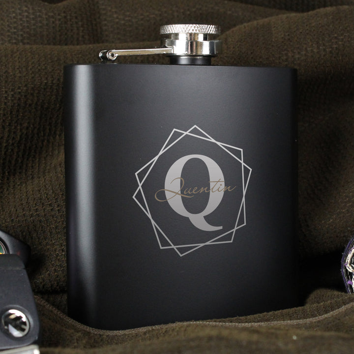 Buy Personalised Geometric Initial Black Hip Flask at www.giftsfinder.co.uk