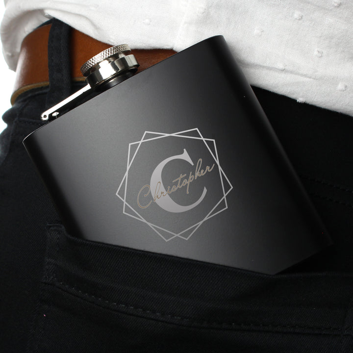 Buy Personalised Geometric Initial Black Hip Flask at www.giftsfinder.co.uk