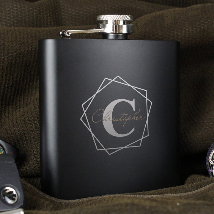 Buy Personalised Geometric Initial Black Hip Flask at www.giftsfinder.co.uk