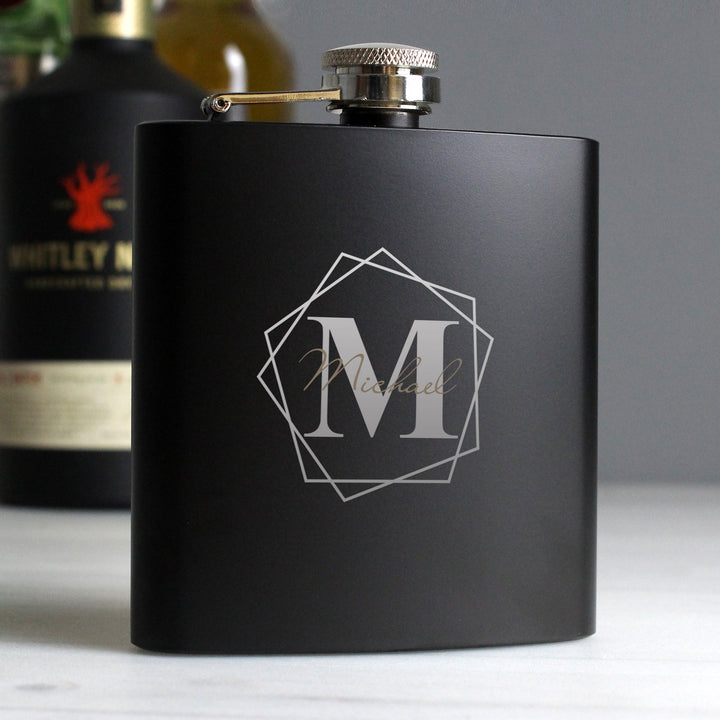 Buy Personalised Geometric Initial Black Hip Flask at www.giftsfinder.co.uk