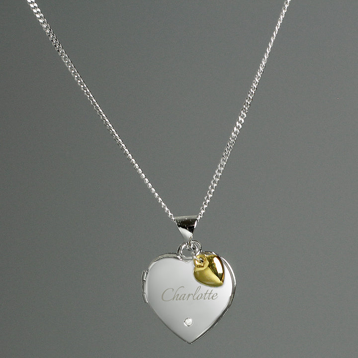 Personalised Sterling Silver Heart Locket Necklace with Diamond and 9ct Gold Charm in gift category Personalised Necklaces