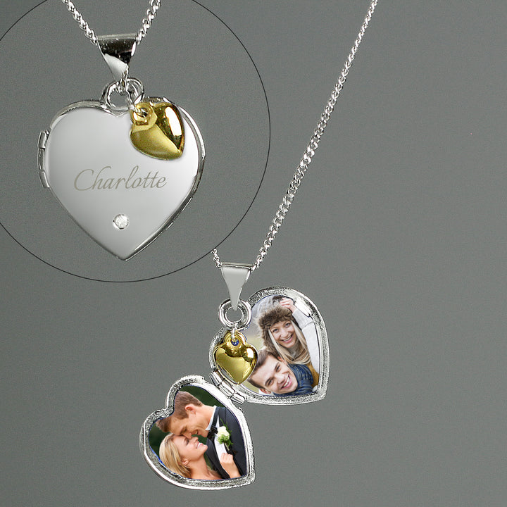 Personalised Sterling Silver Heart Locket Necklace with Diamond and 9ct Gold Charm in gift category Personalised Necklaces