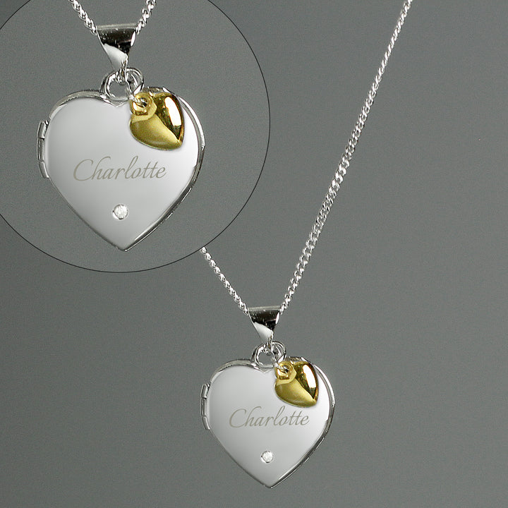 Personalised Sterling Silver Heart Locket Necklace with Diamond and 9ct Gold Charm in gift category Personalised Necklaces