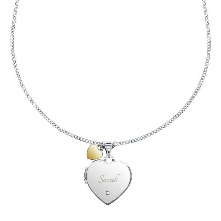 Personalised Sterling Silver Heart Locket Necklace with Diamond and 9ct Gold Charm in gift category Personalised Necklaces