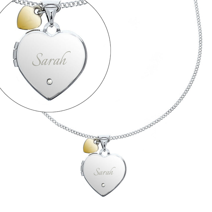 Personalised Sterling Silver Heart Locket Necklace with Diamond and 9ct Gold Charm in gift category Personalised Necklaces