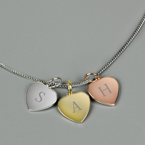 Buy Personalised Initials Gold Rose Gold and Silver 3 Hearts Necklace at www.giftsfinder.co.uk