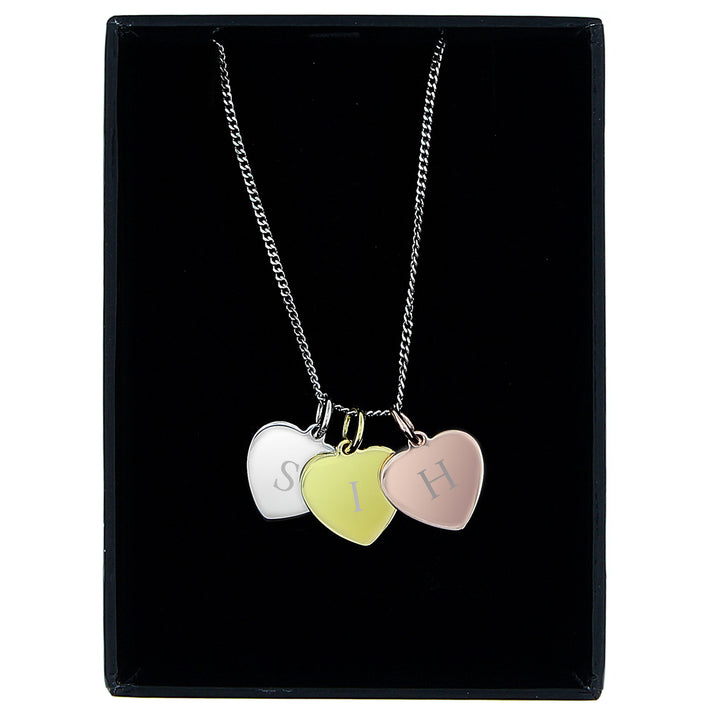 Buy Personalised Initials Gold Rose Gold and Silver 3 Hearts Necklace at www.giftsfinder.co.uk