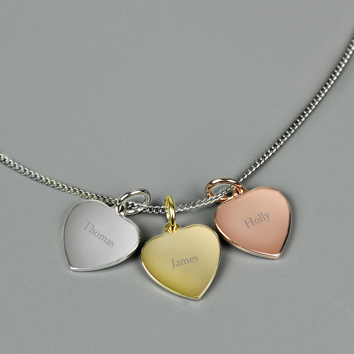 Buy Personalised Names Gold Rose Gold and Silver 3 Hearts Necklace at www.giftsfinder.co.uk