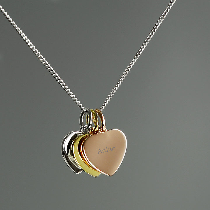 Buy Personalised Names Gold Rose Gold and Silver 3 Hearts Necklace at www.giftsfinder.co.uk