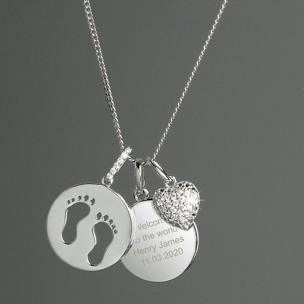 Buy Personalised Sterling Silver Footprints and Cubic Zirconia Heart Necklace at www.giftsfinder.co.uk