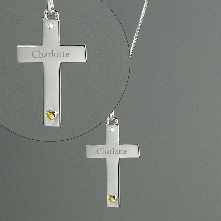 Buy Personalised Sterling Silver Cross with 9ct Gold Heart & CZ Necklace at www.giftsfinder.co.uk