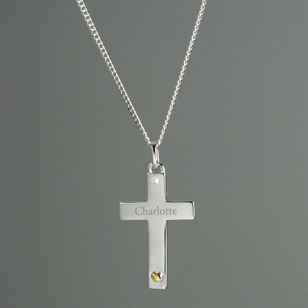 Buy Personalised Sterling Silver Cross with 9ct Gold Heart & CZ Necklace at www.giftsfinder.co.uk