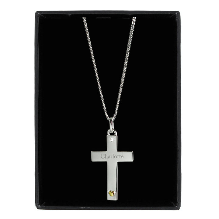 Buy Personalised Sterling Silver Cross with 9ct Gold Heart & CZ Necklace at www.giftsfinder.co.uk