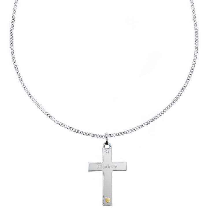 Buy Personalised Sterling Silver Cross with 9ct Gold Heart & CZ Necklace at www.giftsfinder.co.uk