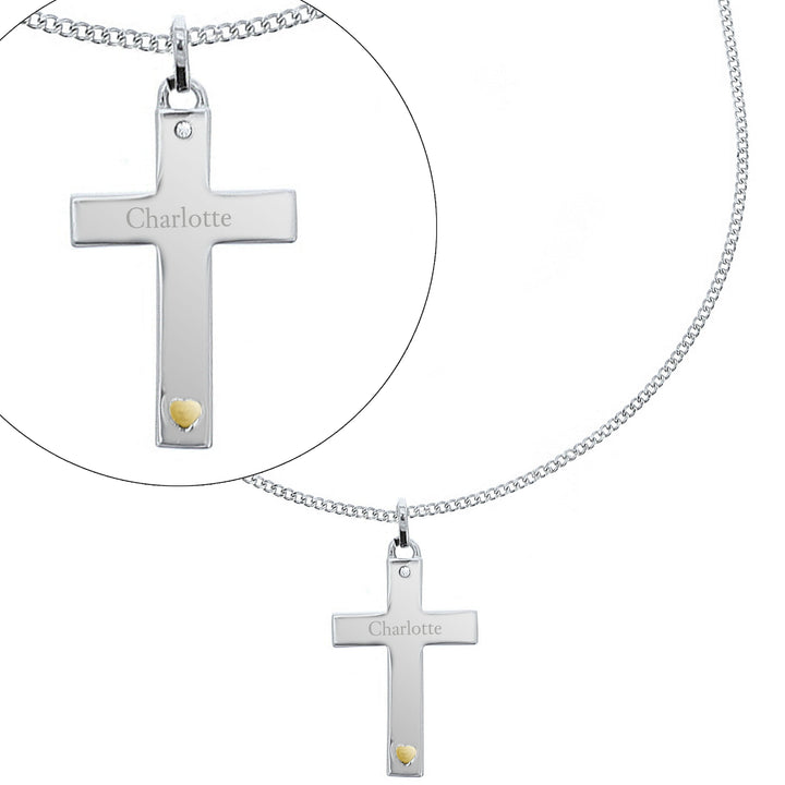 Buy Personalised Sterling Silver Cross with 9ct Gold Heart & CZ Necklace at www.giftsfinder.co.uk