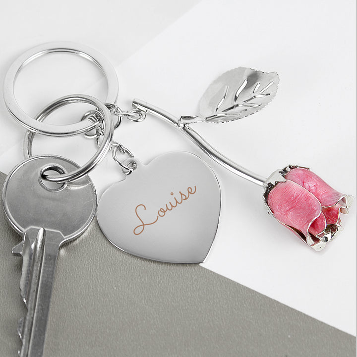 Buy Personalised Silver Plated Name Pink Rose Keyring at www.giftsfinder.co.uk