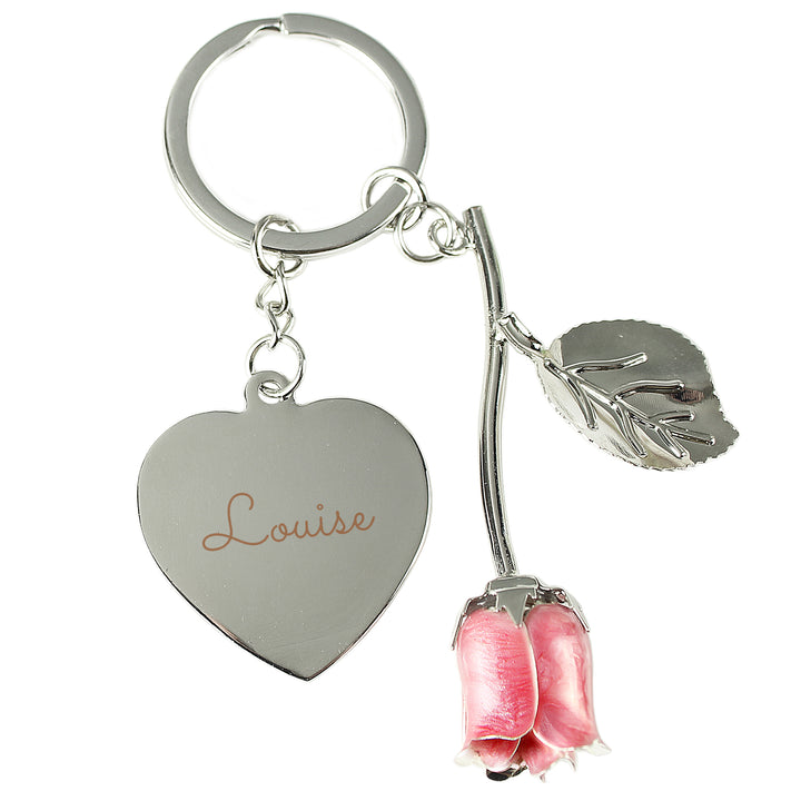 Buy Personalised Silver Plated Name Pink Rose Keyring at www.giftsfinder.co.uk