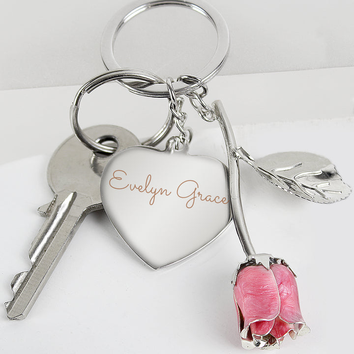 Buy Personalised Silver Plated Name Pink Rose Keyring at www.giftsfinder.co.uk