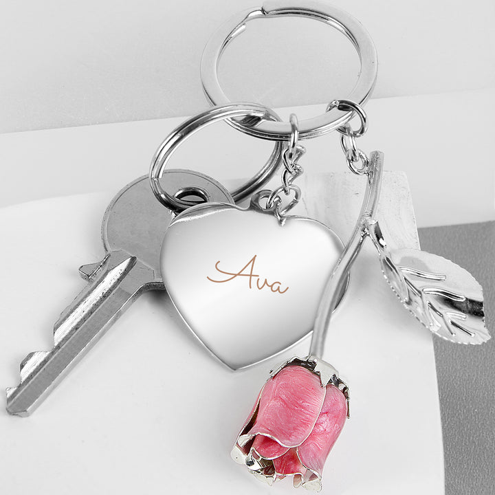 Buy Personalised Silver Plated Name Pink Rose Keyring at www.giftsfinder.co.uk