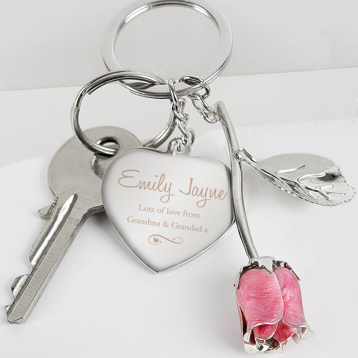 Buy Personalised Silver Plated Swirls & Hearts Pink Rose Keyring at www.giftsfinder.co.uk