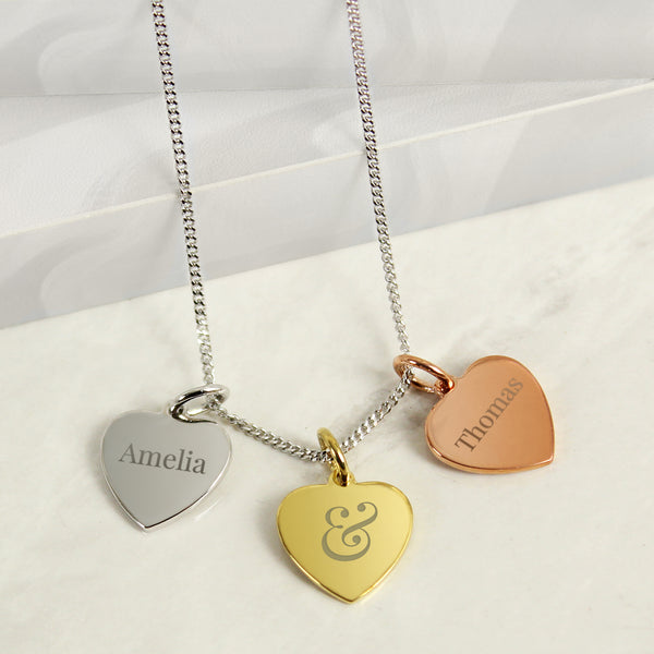 Buy Personalised Couples Gold Rose Gold and Silver 3 Hearts Necklace available now at www.giftsfinder.co.uk