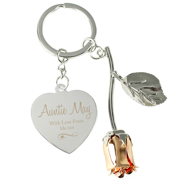 Buy Personalised Silver Plated Swirls & Hearts Rose Gold Rose Keyring at www.giftsfinder.co.uk