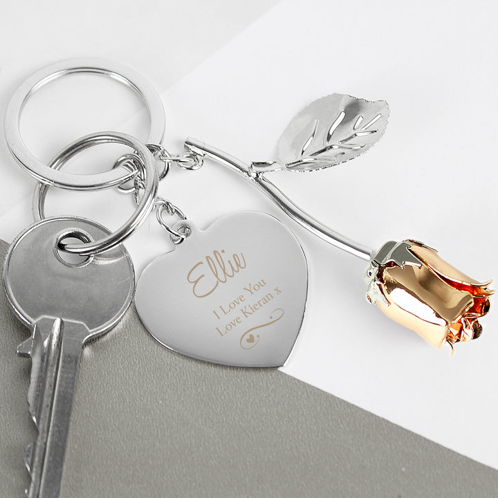 Buy Personalised Silver Plated Swirls & Hearts Rose Gold Rose Keyring at www.giftsfinder.co.uk