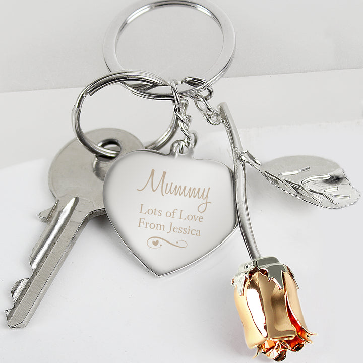 Buy Personalised Silver Plated Swirls & Hearts Rose Gold Rose Keyring at www.giftsfinder.co.uk