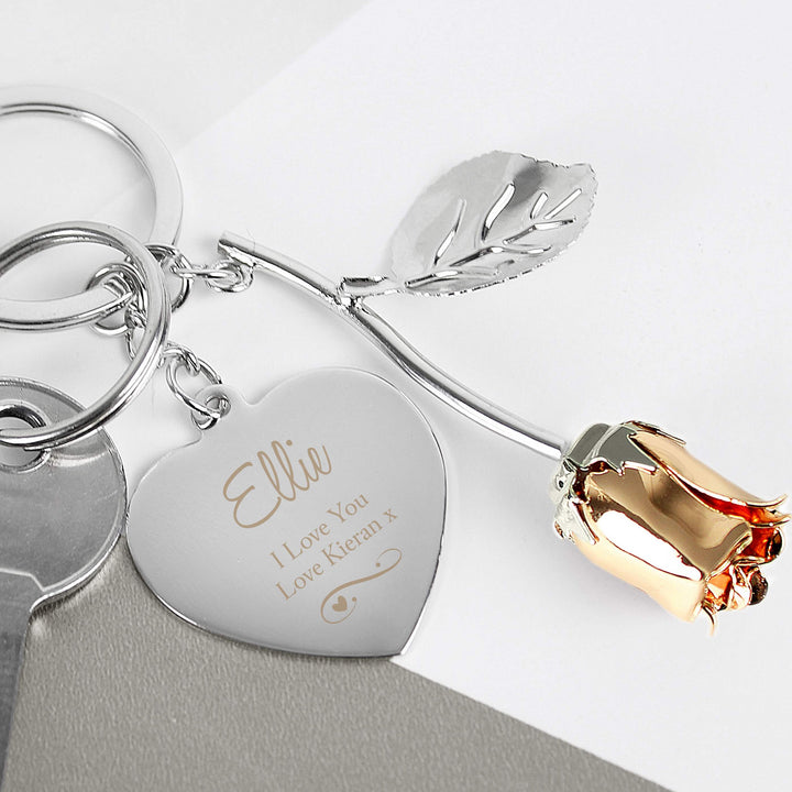 Buy Personalised Silver Plated Swirls & Hearts Rose Gold Rose Keyring at www.giftsfinder.co.uk