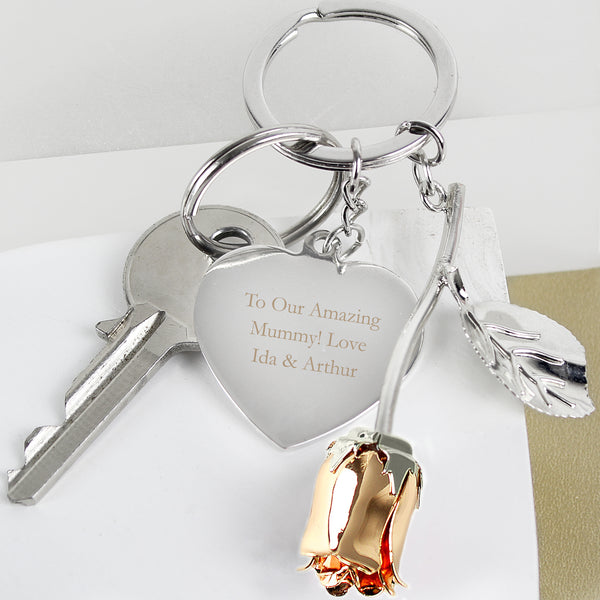 Buy Personalised Silver Plated Rose Gold Rose Keyring at www.giftsfinder.co.uk